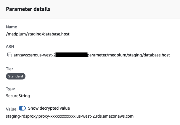 AWS Console screenshot showing the &quot;database.host&quot; setting is present in AWS Parameter Store with an RDS Proxy endpoint value