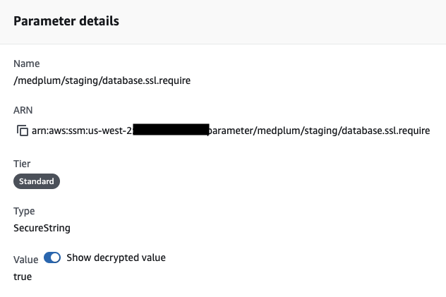 AWS Console screenshot showing the &quot;database.ssl.require&quot; setting is set to &quot;true&quot; in AWS Parameter Store