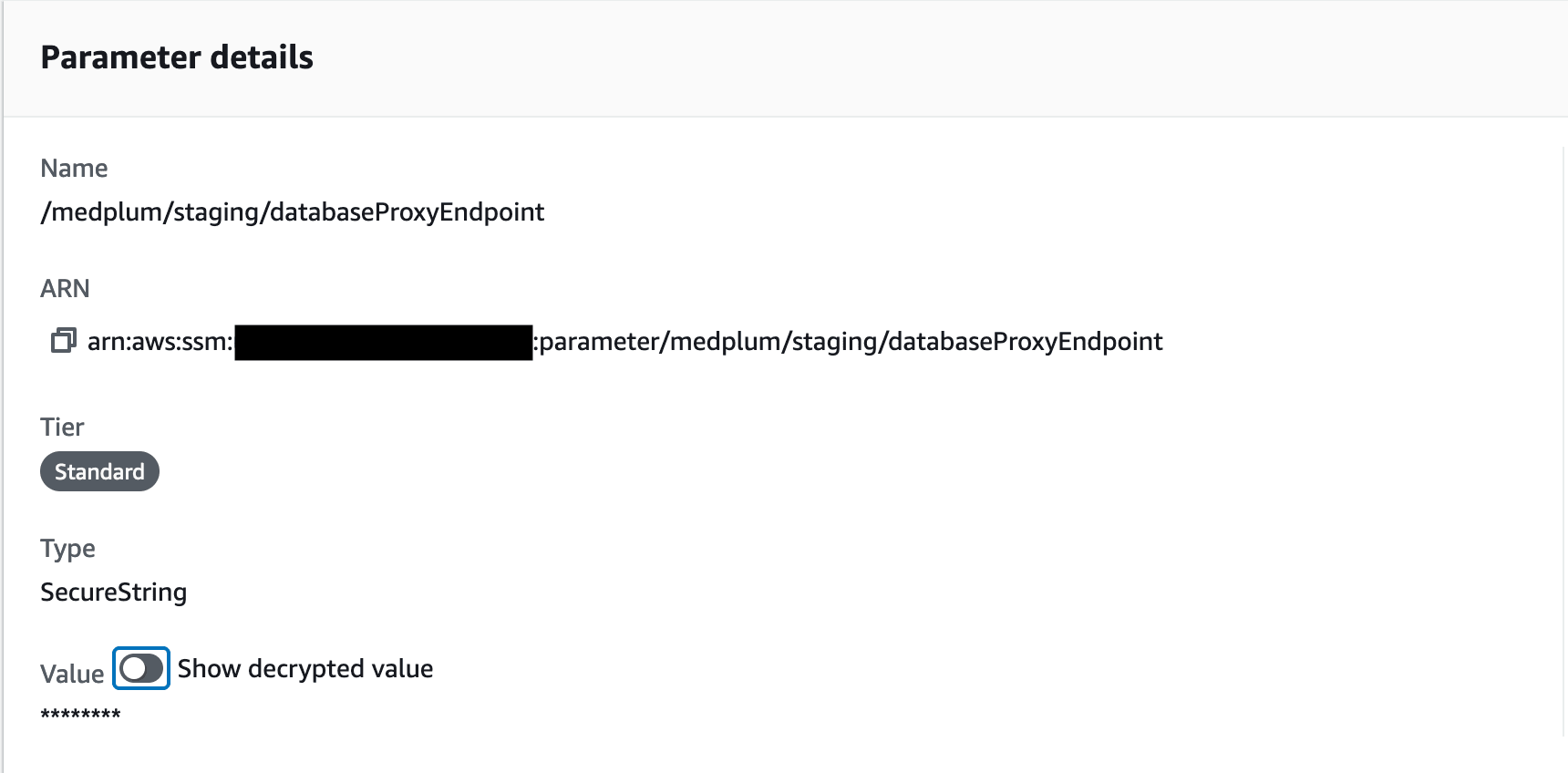 AWS Console screenshot showing the &quot;databaseProxyEndpoint&quot; setting is present in AWS Parameter Store