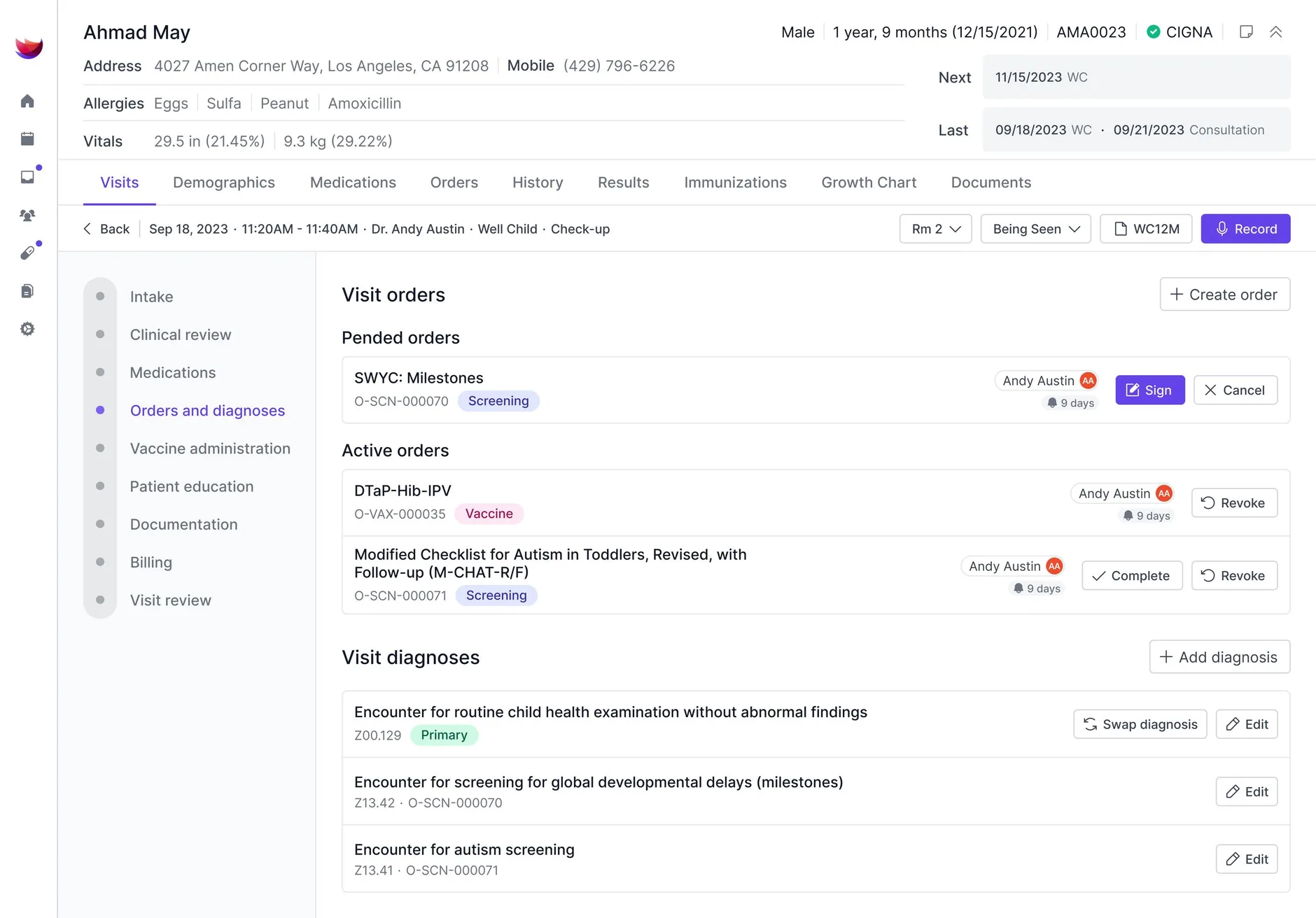Develo pediatric EHR visit orders and diagnoses screen