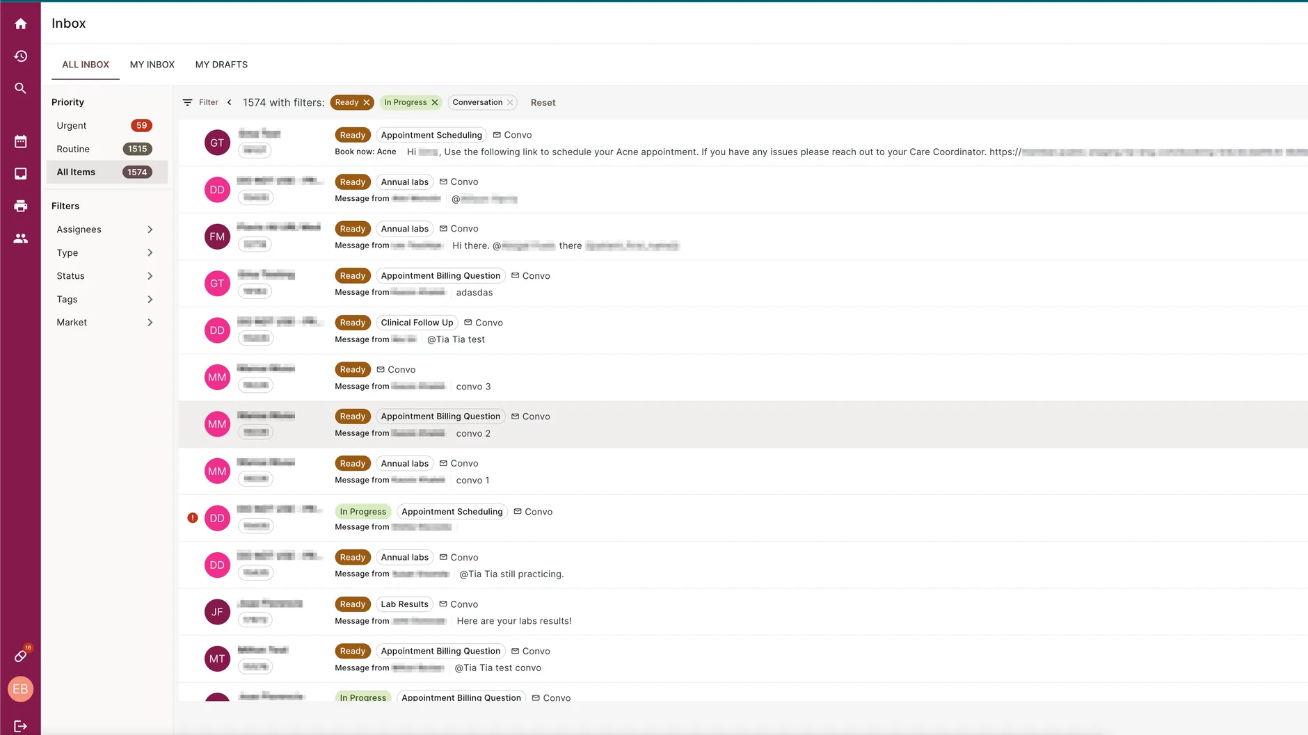Tia care team inbox, with work triaged by priority, status, and market